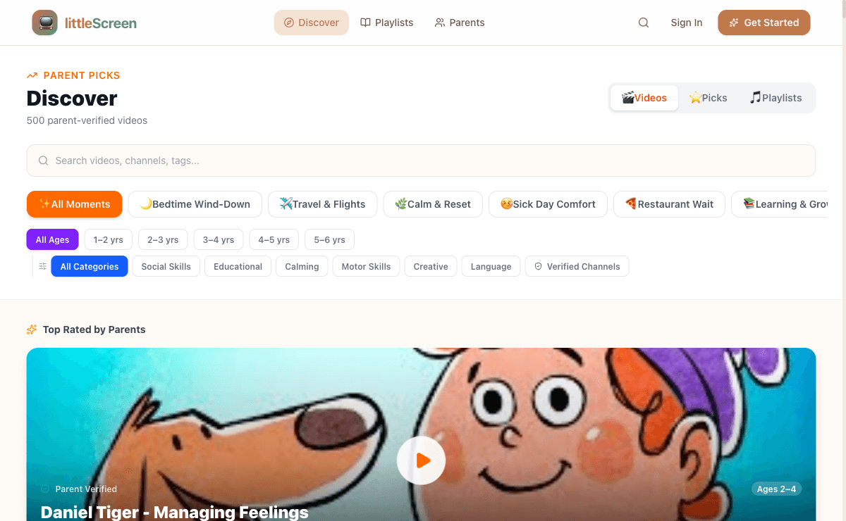 Discover — 500+ parent-verified videos by moment & age